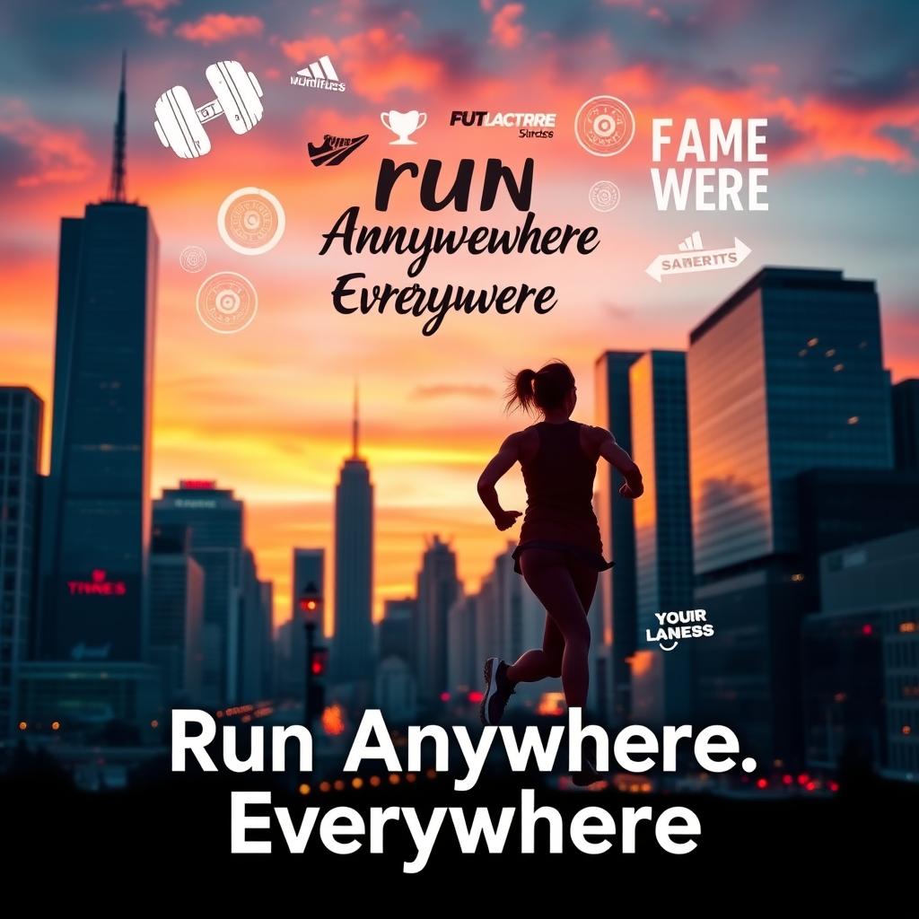A stunning city skyline at sunset, showcasing modern skyscrapers and vibrant street lights, with a silhouette of a determined runner in the foreground in fitness gear