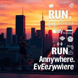 A stunning city skyline at sunset, showcasing modern skyscrapers and vibrant street lights, with a silhouette of a determined runner in the foreground in fitness gear
