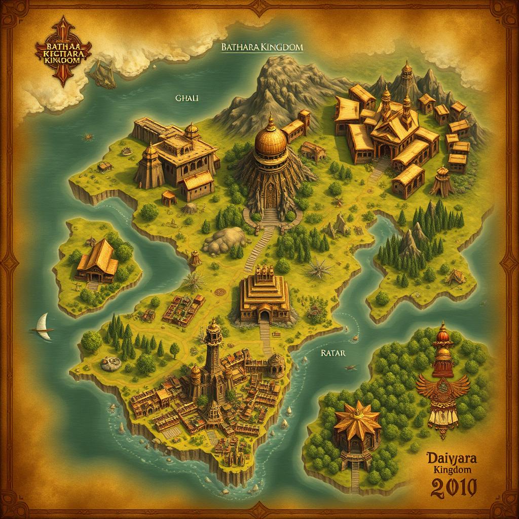 A richly detailed fantasy map showcasing the Bathara Kingdom as the central location