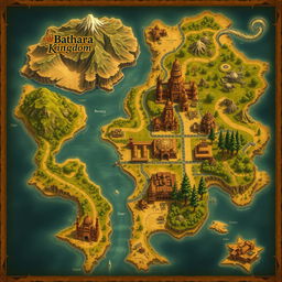 A richly detailed fantasy map showcasing the Bathara Kingdom as the central location