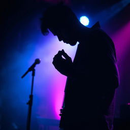 A musician intensely playing an electric guitar in a dimly lit environment