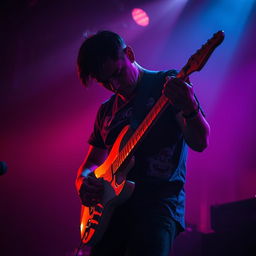 A musician intensely playing an electric guitar in a dimly lit environment