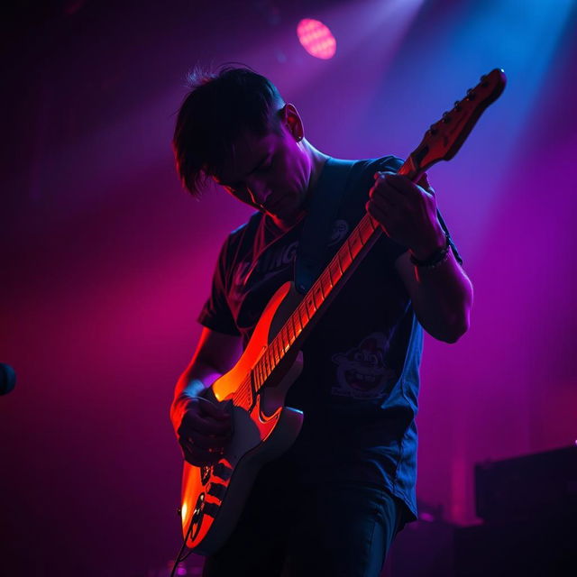 A musician intensely playing an electric guitar in a dimly lit environment