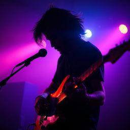 A musician intensely playing an electric guitar in a dimly lit environment