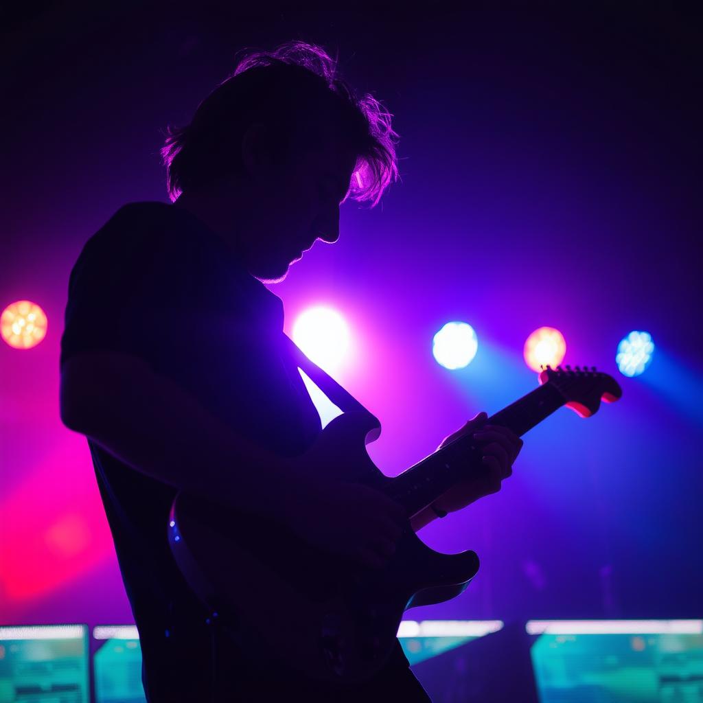 A musician intensely playing an electric guitar in a dimly lit environment