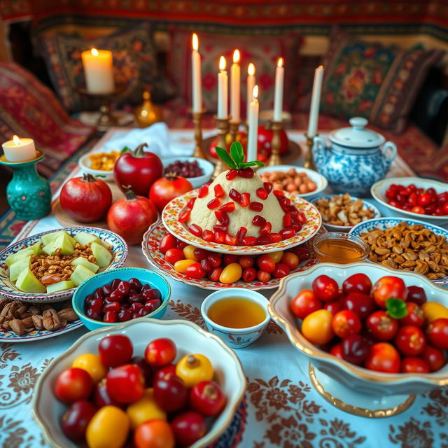 A beautifully arranged Yalda table filled with traditional Persian goodies, showcasing vibrant red pomegranates, sweet cucumbers, nuts, and honey