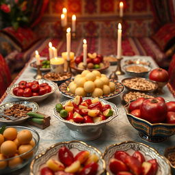 A beautifully arranged Yalda table filled with traditional Persian goodies, showcasing vibrant red pomegranates, sweet cucumbers, nuts, and honey