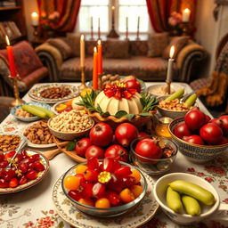 A beautifully arranged Yalda table filled with traditional Persian goodies, showcasing vibrant red pomegranates, sweet cucumbers, nuts, and honey