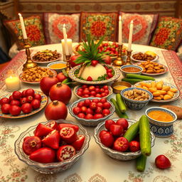 A beautifully arranged Yalda table filled with traditional Persian goodies, showcasing vibrant red pomegranates, sweet cucumbers, nuts, and honey