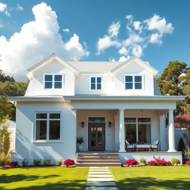 A beautiful, modern house painted in pristine white, featuring sleek lines and contemporary architecture