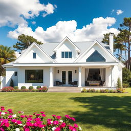 A beautiful, modern house painted in pristine white, featuring sleek lines and contemporary architecture