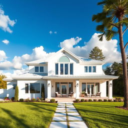 A beautiful, modern house painted in pristine white, featuring sleek lines and contemporary architecture