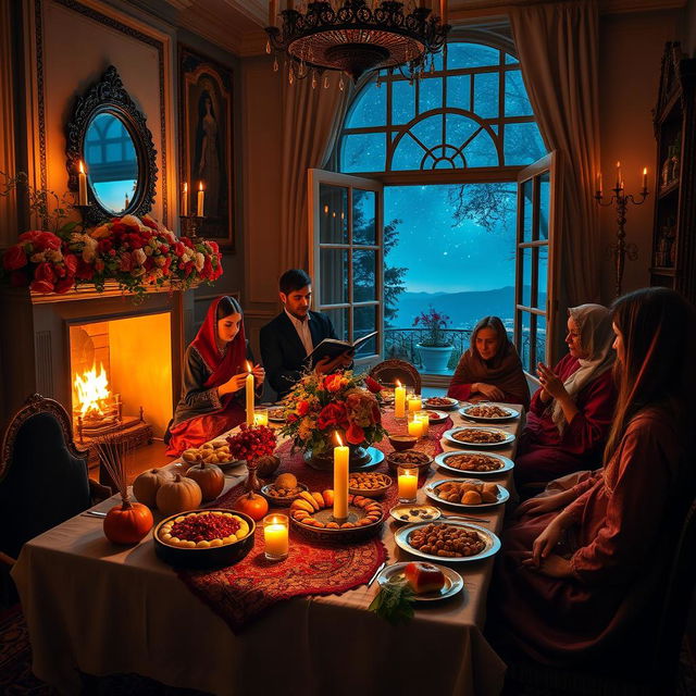 A beautifully arranged Yalda night celebration featuring a traditional table spread, adorned with colorful fruits like pomegranates and watermelons, nuts, and sweets