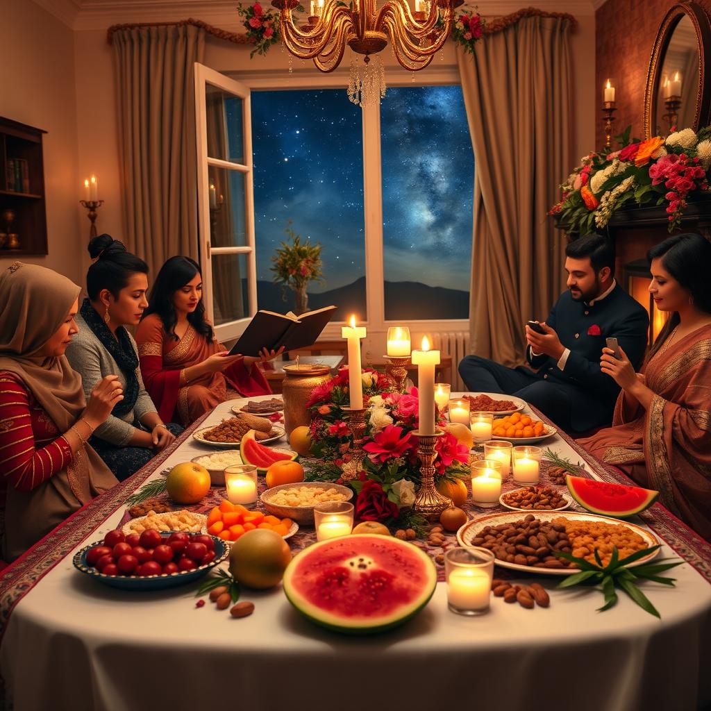 A beautifully arranged Yalda night celebration featuring a traditional table spread, adorned with colorful fruits like pomegranates and watermelons, nuts, and sweets