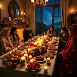 A beautifully arranged Yalda night celebration featuring a traditional table spread, adorned with colorful fruits like pomegranates and watermelons, nuts, and sweets