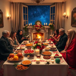 A beautifully arranged Yalda night celebration featuring a traditional table spread, adorned with colorful fruits like pomegranates and watermelons, nuts, and sweets