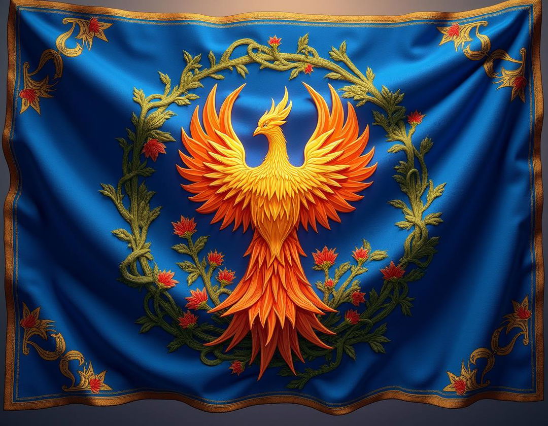 A stunningly designed flag representing the Encantaria Kingdom, featuring deep royal blue and shimmering gold as the primary colors