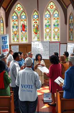 A vibrant and educational depiction of a church community actively participating in political discussions