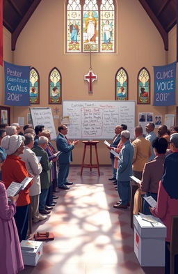 A vibrant and educational depiction of a church community actively participating in political discussions