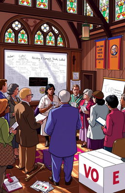 A vibrant and educational depiction of a church community actively participating in political discussions