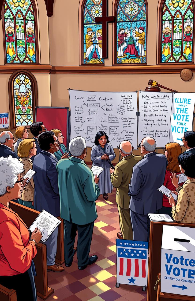 A vibrant and educational depiction of a church community actively participating in political discussions