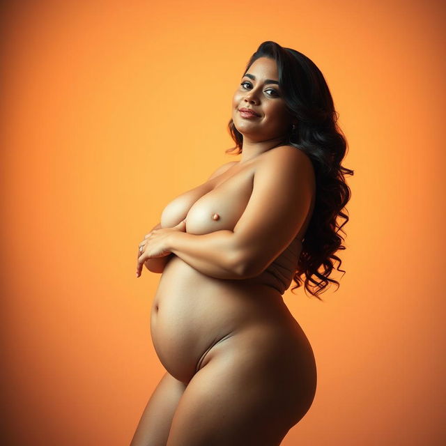 A confident, voluptuous woman with a curvy figure, standing in an artistic pose that highlights her body