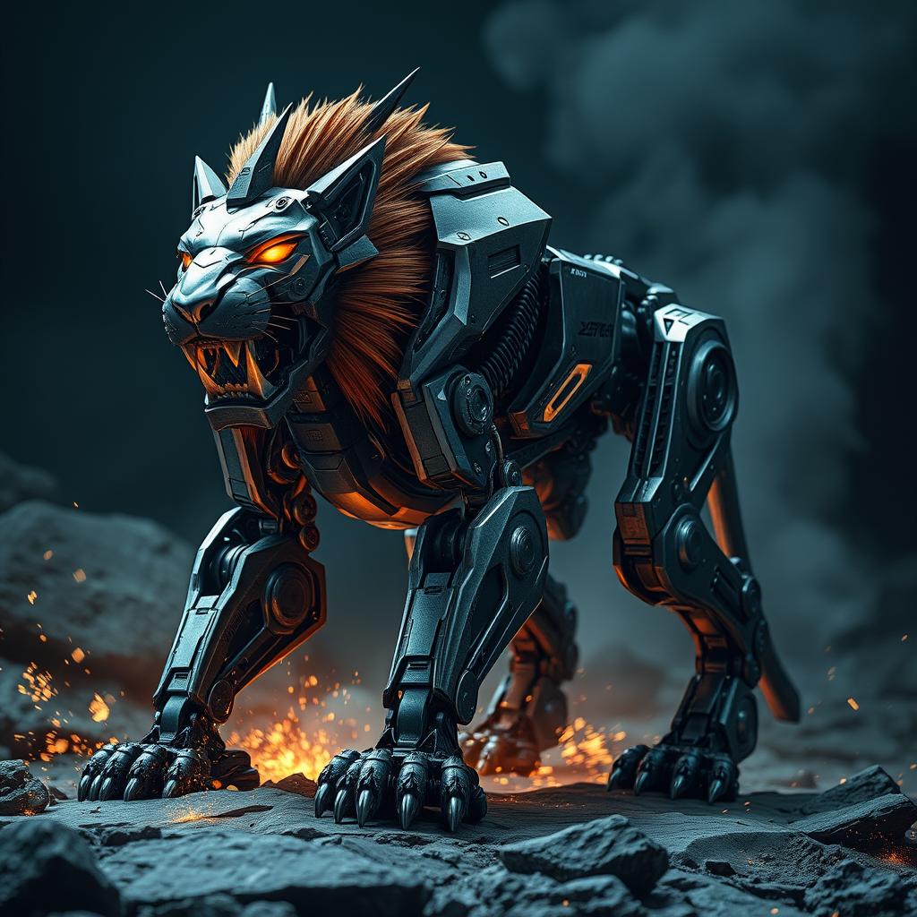 A fierce and intimidating lion robot, featuring a sleek metallic design with sharp edges and glowing eyes