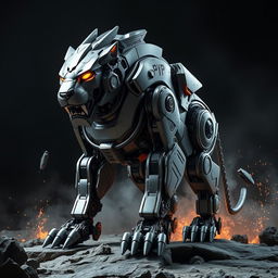 A fierce and intimidating lion robot, featuring a sleek metallic design with sharp edges and glowing eyes