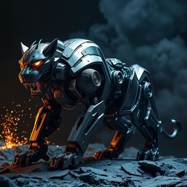 A fierce and intimidating lion robot, featuring a sleek metallic design with sharp edges and glowing eyes