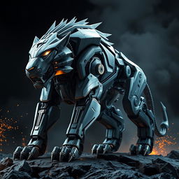 A fierce and intimidating lion robot, featuring a sleek metallic design with sharp edges and glowing eyes