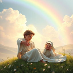 A serene and uplifting scene depicting a compassionate figure representing Jesus, with gentle eyes and a warm smile, offering comfort to a person in distress