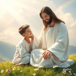 A serene and uplifting scene depicting a compassionate figure representing Jesus, with gentle eyes and a warm smile, offering comfort to a person in distress
