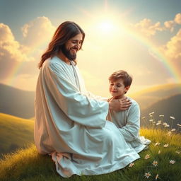 A serene and uplifting scene depicting a compassionate figure representing Jesus, with gentle eyes and a warm smile, offering comfort to a person in distress