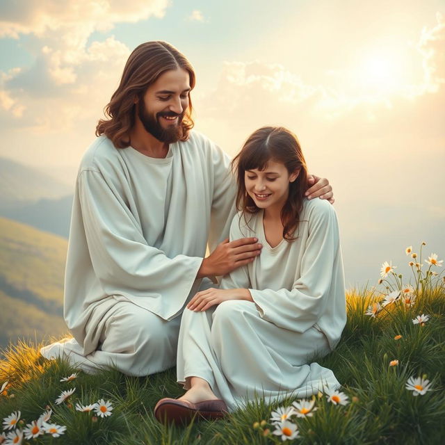 A serene and uplifting scene depicting a compassionate figure representing Jesus, with gentle eyes and a warm smile, offering comfort to a person in distress