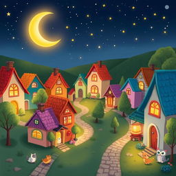 A charming night scene of a small village in cartoon style, featuring whimsical houses with brightly colored roofs, twinkling stars overhead, and a glowing crescent moon