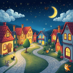 A charming night scene of a small village in cartoon style, featuring whimsical houses with brightly colored roofs, twinkling stars overhead, and a glowing crescent moon