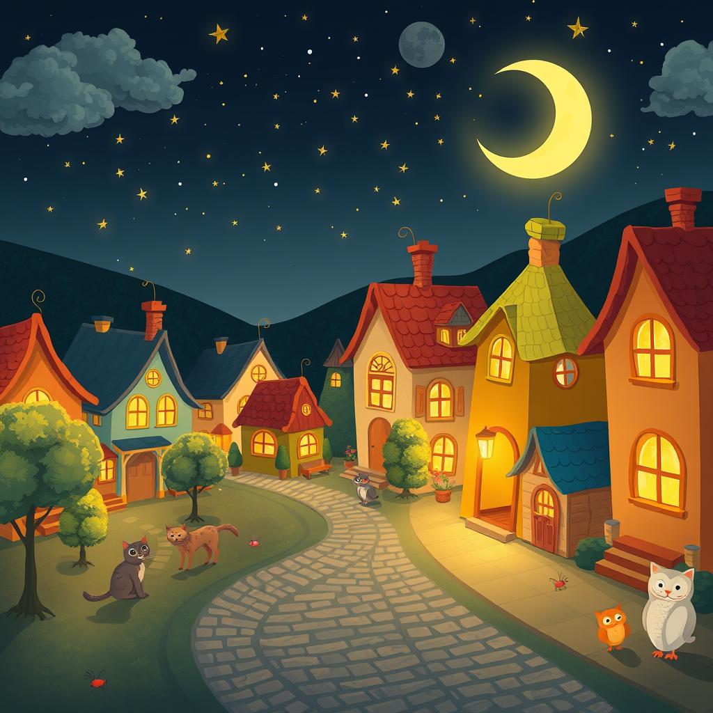 A charming night scene of a small village in cartoon style, featuring whimsical houses with brightly colored roofs, twinkling stars overhead, and a glowing crescent moon
