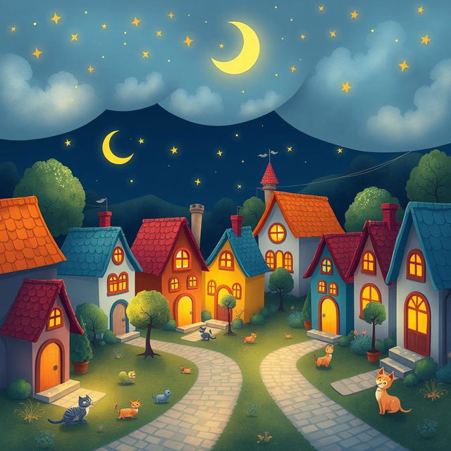 A charming night scene of a small village in cartoon style, featuring whimsical houses with brightly colored roofs, twinkling stars overhead, and a glowing crescent moon