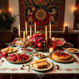 An elegant Yalda table set for the traditional celebration, adorned with pomegranates, nuts, and fruits like grapes and watermelon, with candles and a floral centerpiece