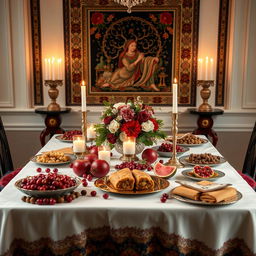 An elegant Yalda table set for the traditional celebration, adorned with pomegranates, nuts, and fruits like grapes and watermelon, with candles and a floral centerpiece