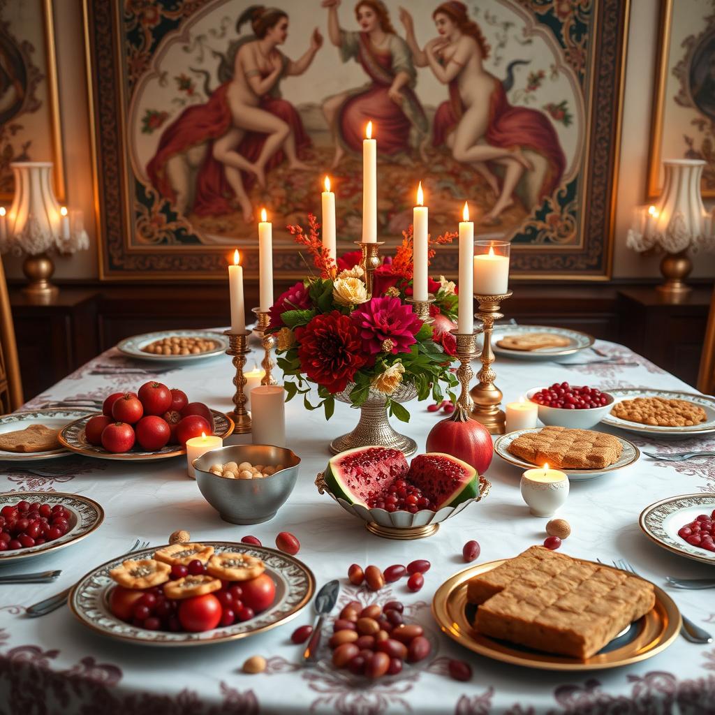 An elegant Yalda table set for the traditional celebration, adorned with pomegranates, nuts, and fruits like grapes and watermelon, with candles and a floral centerpiece