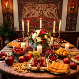 An elegant Yalda table set for the traditional celebration, adorned with pomegranates, nuts, and fruits like grapes and watermelon, with candles and a floral centerpiece