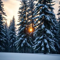 A serene winter landscape, showcasing a gentle snowfall effect over a tranquil pine forest