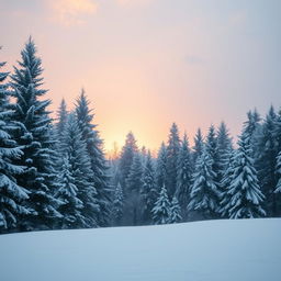 A serene winter landscape, showcasing a gentle snowfall effect over a tranquil pine forest