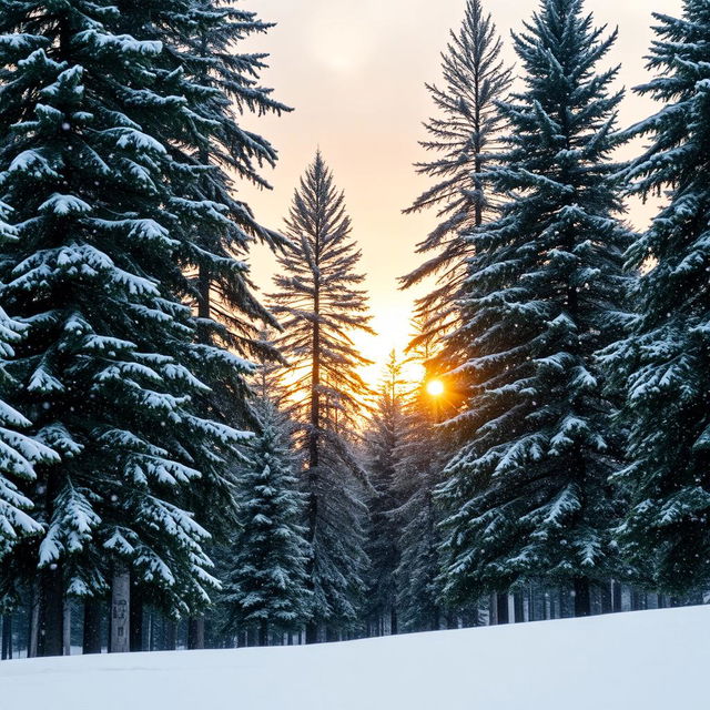 A serene winter landscape, showcasing a gentle snowfall effect over a tranquil pine forest