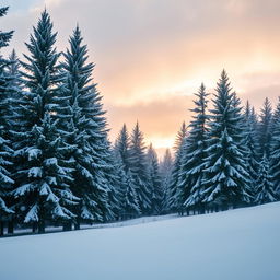 A serene winter landscape, showcasing a gentle snowfall effect over a tranquil pine forest