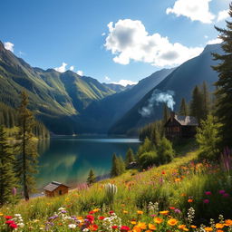 A breathtaking landscape showcasing the beauty of nature, featuring lush green mountains under a clear blue sky with a few fluffy clouds