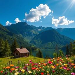 A breathtaking landscape showcasing the beauty of nature, featuring lush green mountains under a clear blue sky with a few fluffy clouds