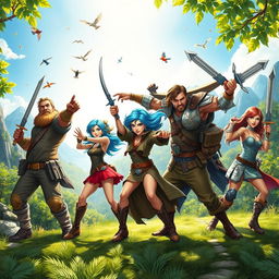 A group of six adventurous individuals striking dynamic poses in an action-packed scene, showcasing their excitement and determination