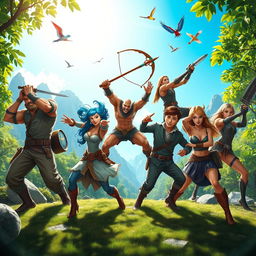 A group of six adventurous individuals striking dynamic poses in an action-packed scene, showcasing their excitement and determination